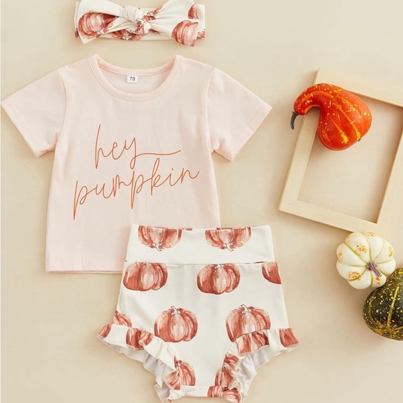 Newborn Baby Girl Halloween Outfit Short Sleeve T-Shirt Romper Pumpkin Print - Picture 3 of 3